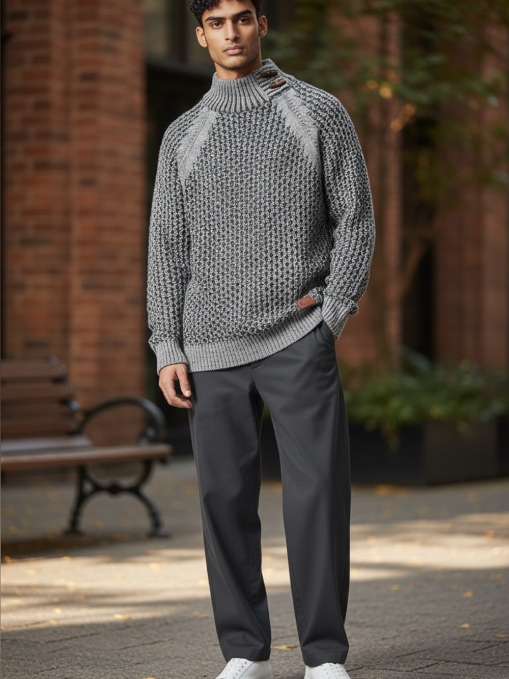 LCR Menswear Stylish Gray Knit Sweater with Button Detail style in Italy size L